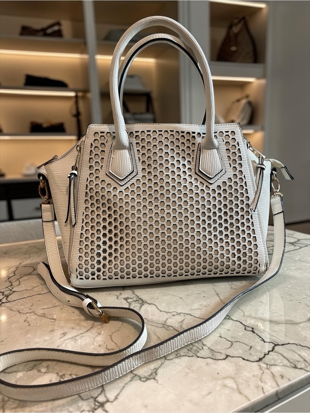Sondra Roberts Cream Laser-Cut Top-Handle Satchel